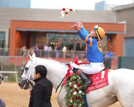 Irad Ortiz Jr. celebrates White Abarrio's Oaklawn Handicap victory