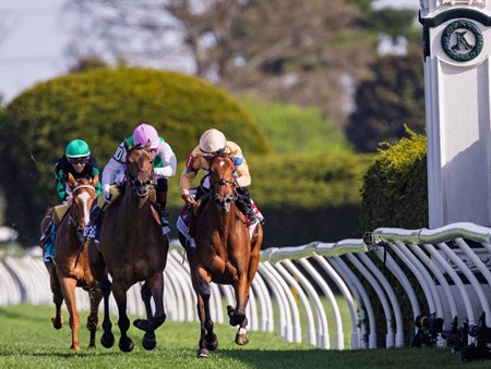 Segesta (outside) and Expensive Queen finish in a dead heat in the Jenny Wiley at Keeneland