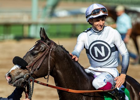 Jockey Antonio Fresu aboard Almendares after winning the American Stakes at Santa Anita Park