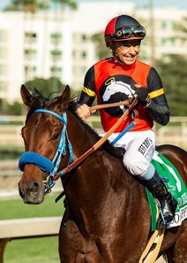 So Happy and jockey Mike Smith after winning the Santa Anita Derby at Santa Anita Park