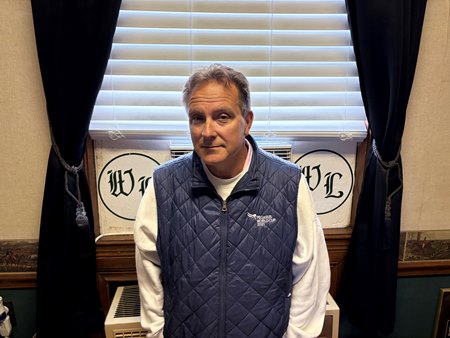 Trainer Mike Maker stands in his barn office previously used by the late D. Wayne Lukas