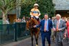 (L-r): Expensive Queen walks in witih Farfellow Farm owners Jak and Kip Knelman.
Expensive Queen #1 with Luis Saez and Segesta #10 with Flavien Prat deadheat in the Jenny Wiley (G1T) on April 11, 2026, in Lexington, Ky. 
