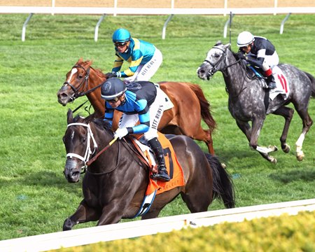 In Our Time (inside) wins the Giant's Causeway Stakes at Keeneland