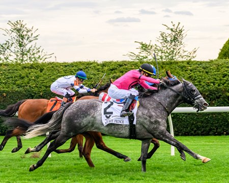 My Boy Prince takes the lead en route to victory in the Shakertown Stakes at Keeneland