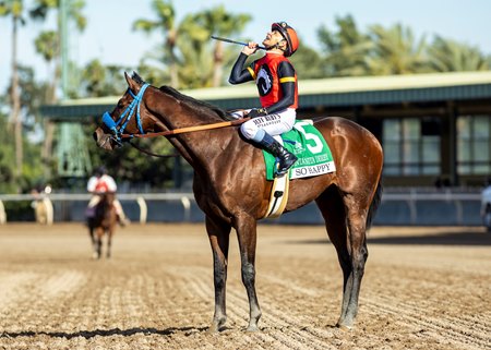So Happy and Mike Smith after their victory in the Santa Anita Derby at Santa Anita Park