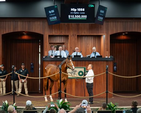 The Flightline colt consigned as Hip 1056 in the ring at the OBS Spring Sale