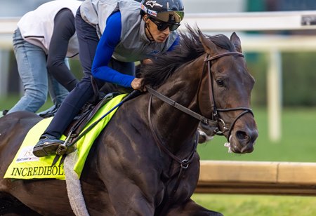 Jockey Jaime Torres breezes Incredibolt in advance of the Kentucky Derby at Churchill Downs