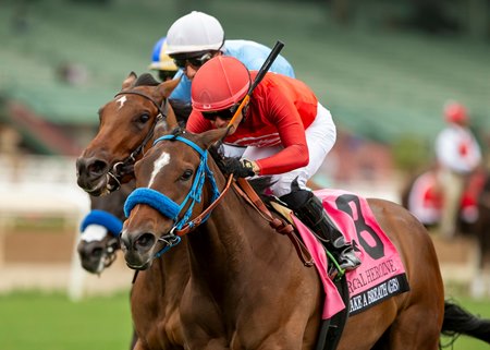 Take A Breath and Emisael Jaramillo team up for a game victory in the Royal Heroine Stakes at Santa Anita Park