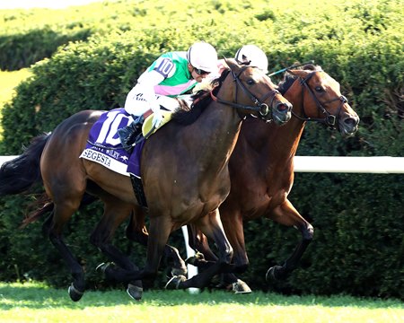 Segesta (outside) and Expensive Queen finish in a dead heat to win the Jenny Wiley Stakes at Keeneland
