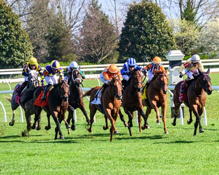 Remember Mamba (outside) rallies in the stretch to win the Transylvania Stakes at Keeneland