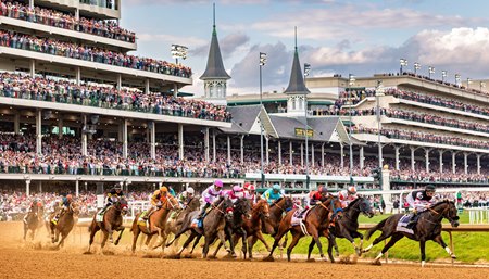 The first turn of the Kentucky Derby at Churchill Downs