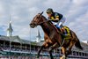 Rhetorical with jockey Irad Ortiz, Jr. wins the Old Forester Bourbon Turf Classic G1 turf race at Churchill Downs in Louisville, Ky., on May 2, 2026.