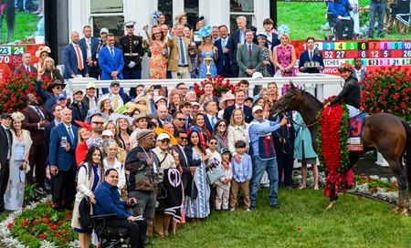 Golden Tempo and his connections following the colt's victory in the Kentucky Derby