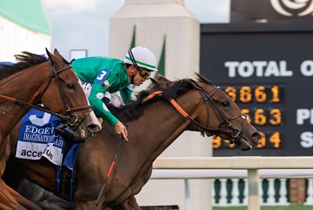 Imaginationthelady wins a close Edgewood Stakes by a head over Tam Tam (obscured on the rail) at Churchill Downs