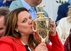 Trainer Cherie DeVaux holding the trophy. Golden Tempo with Jose Ortiz wins the Kentucky Derby (G1) at Churchill Downs in Louisville, Ky., on May 2, 2026 

