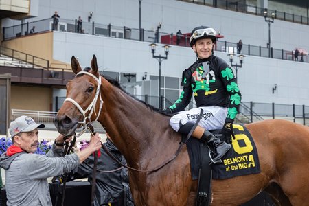 Irish Maxima and  jockey Frankie Pennington after winning the Ruffian Stakes at Aqueduct Racetrack