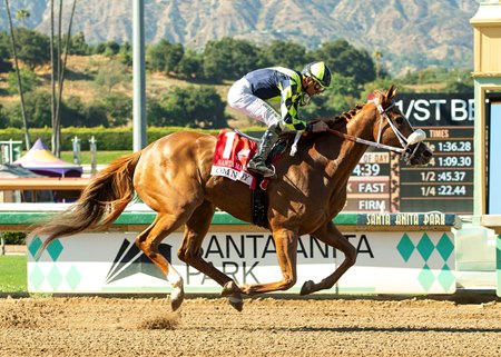 Om N Joy wins the Santa Margarita Stakes at Santa Anita Park