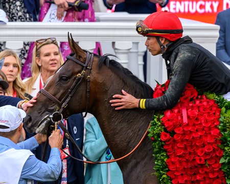Jose Ortiz and Golden Tempo after winning the Kentucky Derby at Churchill Downs