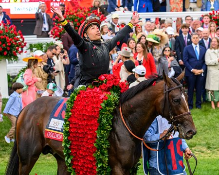 Jose Ortiz celebrates Golden Tempo's Kentucky Derby victory at Churchill Downs