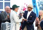 Maryland Governor Wes Moore hands the Preakness Trophy to Owner Al Gold after Napoleon Solo #10 with Paco Lopez riding won the $2,000,000 Grade I Preakness Stakes at Laurel Racecourse on Saturday May 16, 2026. Photo By Bill Denver/EQUI-PHOTO