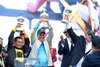 Jockey Paco Lopez (L), Owner Al Gold and Trainer Chad Summers hold up the Preakness Stakes trophies after Napoleon Solo won the $2,000,000 Grade I Preakness Stakes at Laurel Racecourse on Saturday May 16, 2026. Photo By Bill Denver/EQUI-PHOTO