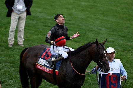 Jose Ortiz after winning the Kentucky Derby at Churchill Downs aboard Golden Tempo