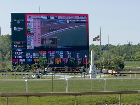 The Laurel Park video board on Preakness day 2026