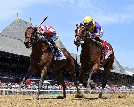 Ways and Means (outside) wins her second Bed o' Roses Stakes at Saratoga Race Course