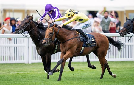 Bow Echo (outside) narrowly defeats Gstaad in the St. James's Palace Stakes at Ascot Racecourse