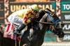 Freedom’s Not Free and jockey Juan Hernandez, outside, storm up at the very last second to nail Sumter (Mike Smith), inside, for victory in the Grade III $100,000 Daytona Stakes Saturday, June 13, 2026 at Santa Anita Park, Arcadia, CA. The 4-year-old son of Omaha Beach is owned by Blinkers On Racing Stable et al. and trained by Mark Glatt.
Benoit Photo