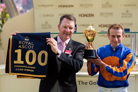 Aidan O'Brien (left) and Ryan Moore after their victory with Scandinavia in the Gold Cup Stakes at Ascot Racecourse