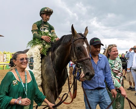 Golden Tempo enters winner's circle after the Belmont Stakes at Saratoga Race Course