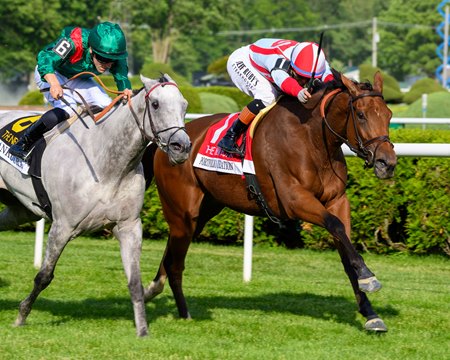 Portfolio Duration (inside) holds on to win the New York Stakes at Saratoga Race Course