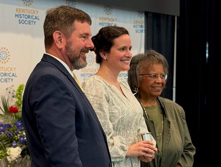 (From left): Scott Alvey and Sheila Mason of the Kentucky Historical Society with Keeneland Library director Roda Ferraro