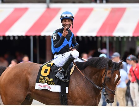 Kendrick Carmouche after winning the Suburban Stakes aboard Phileas Fogg at Saratoga Race Course