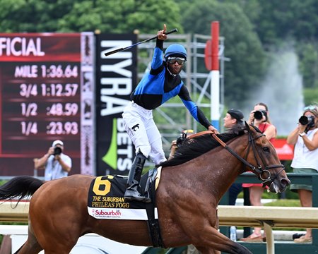 Phileas Fogg, under Kendrick Carmouche, wins the Suburban Stakes for the second consecutive year at Saratoga Race Course