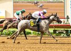 Reddam Racing’s She’s No Quant and Juan Hernandez , outside, catch favored Mohaven (Emisael Jaramillo), inside, to win the $150,000 Fleet Treat Stakes Friday, July 27, 2026 at Del Mar Thoroughbred Club, Del Mar, CA.  The three-year-old daughter of Pavel is trained by Edward Freeman.
Benoit Photo