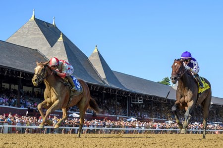 Fully Subscribed (outside) wins the Shuvee Stakes over Scottish Lassie at Saratoga Race Course