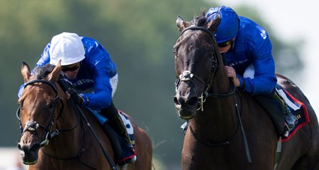 Rebel's Romance (right) beats Arabian Crown in the Princess Of Wales's Stakes at Newmarket Racecourse 