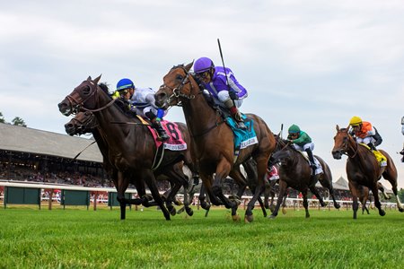 Title Role (inside) prevails in the Belmont Derby at Saratoga Race Course