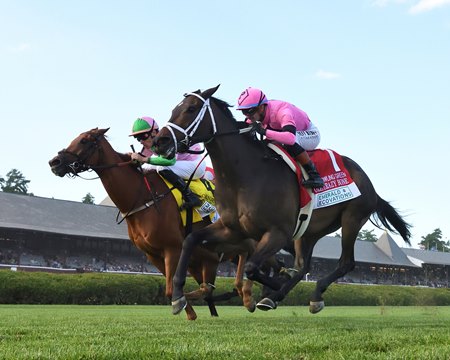 Ole Crazy Bone (inside) wins the Bowling Green Stakes at Saratoga Race Course