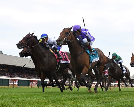 Title Role (rail) gets the victory in the Belmont Derby at Saratoga Race Course