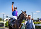 Johanna Walsh and Dylan Browne McMonagle led back by David Teehan after winning the Irish Oaks
The Curragh.
Photo: Patrick McCann/Racing Post
18.07.2026