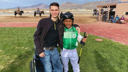 Bryce Bourdieu (left) with jockey Luis Ramon Rodriguez at Albuquerque Downs