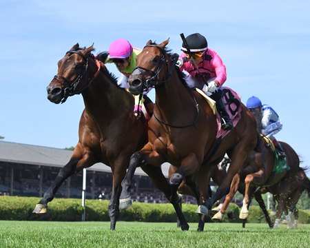 Zulu Kingdom (outside) and Mi Bago finish in a dead heat for the win in the Kelso Stakes at Saratoga Race Course