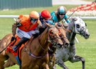Smart Uncle #7 with rider Jamie Barbary duels with Rosa Redemption with Freddie Procter, center and Fil Dor with Conor Tierney on the way to the win in the 30th running of the A.P. Smithwick Memorial GI at the Saratoga Race Course Wednesday Aug.5, 2026 in Saratoga Springs, N.Y. 