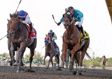 Adios Jojo (inside) finishes second to Touchy (outside) but wins via disqualification in the Longacres Mile at Emerald Downs