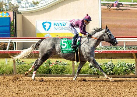 Juan Hernandez eases victorious Sweet Azteca to the wire at the end of the Rancho Bernardo Stakes at Del Mar