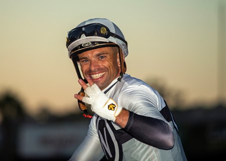 Umberto Rispoli wins his third race of the day aboard King of Gosford in the Del Mar Mile at Del Mar