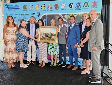 (From left): Karen Chávez, Heather Mabee, Marc Holliday, Sheree Holliday, John Velazquez, Ramón Dominguez, John Young, Debbie Finley and Terry Finley during the  New York Race Track Chaplaincy's 19th Annual Fundraising Brunch